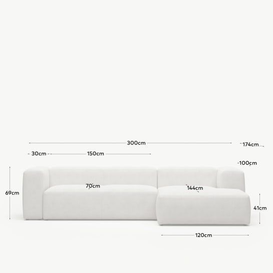 Καναπέ Blok 3 θέσεων με ανάκλινδρο δεξιά, βραδύκαυστο λευκό δέρμα προβάτου 300 εκ FSC Mix Credit - μεγέθη