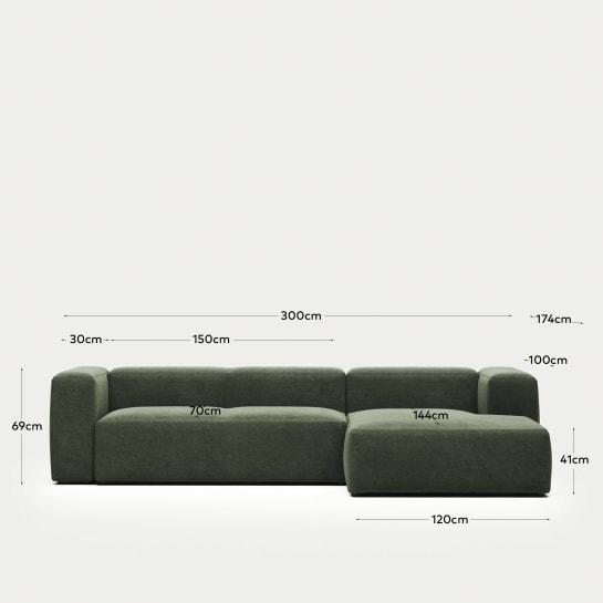 Blok fire-retardant 3-seater sofa with right chaise longue in green chenille 300cm - sizes
