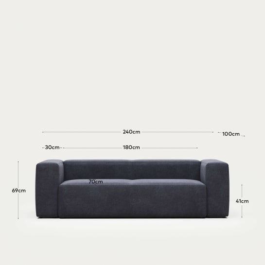 Blok fire-retardant 3-seater sofa in blue chenille 240cm - sizes