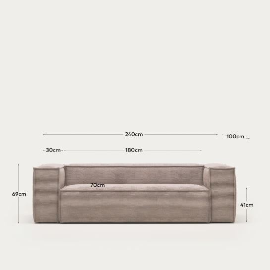 Blok 3 seater sofa in pink corduroy, 240 cm FR - sizes