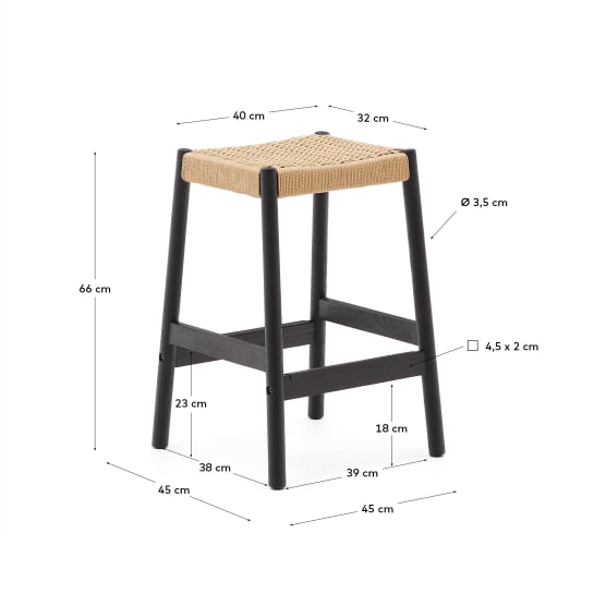 Yalia stool in solid oak wood in a black finish and rope cord, height 65 cm FSC 100% - sizes