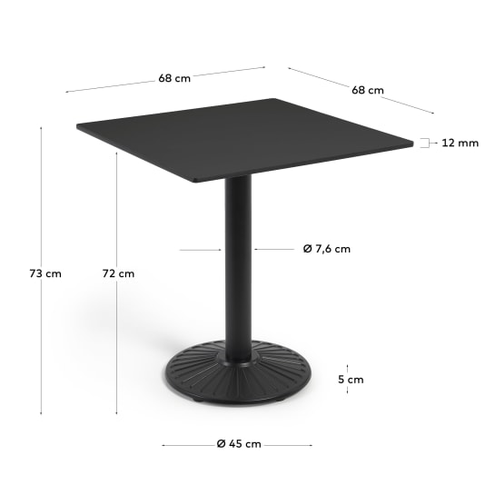 Tiaret outdoor table in black with metal legs, and a black painted finish, 68 x 68 cm - sizes