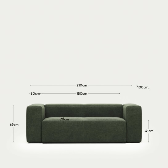 Blok fire-retardant 2-seater sofa in green chenille 210cm - sizes