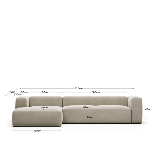 Blok fire-retardant 4-seater sofa with left chaise longue in beige chenille 330cm - sizes