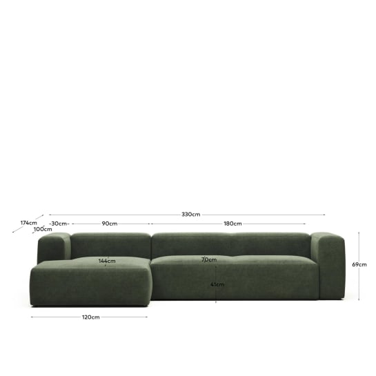 Blok fire-retardant 4-seater sofa with left chaise longue in green chenille 330cm - sizes