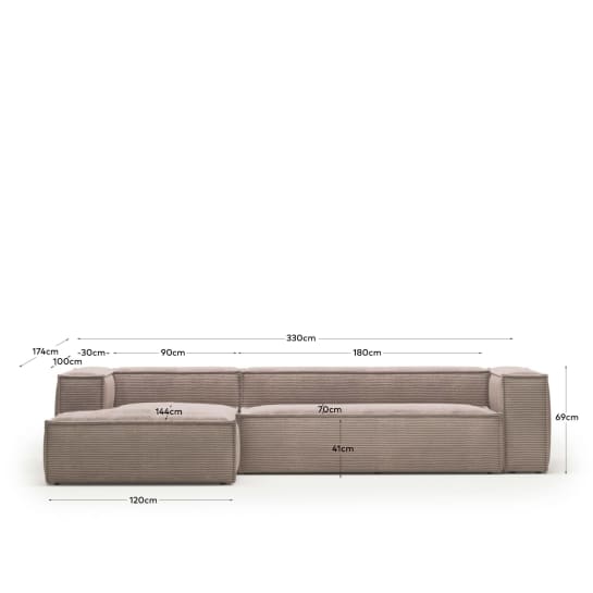 Blok 4-seater left chaise longue sofa in pink thick corduroy 330cm FSC Mix Credit - sizes