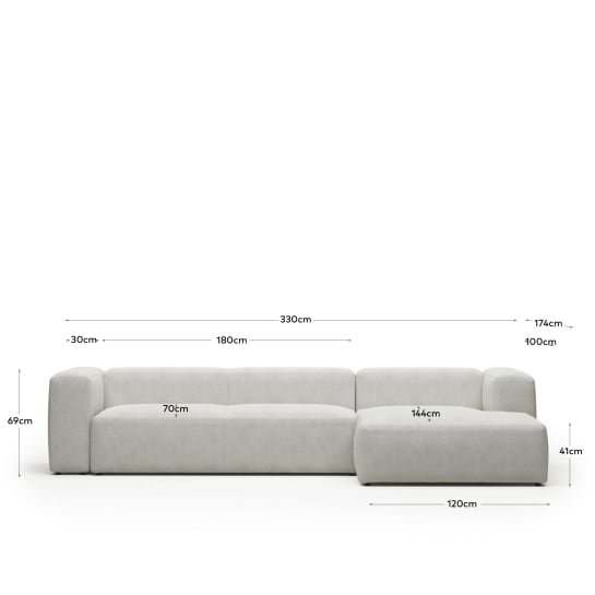 Blok 4 seater sofa with right side chaise longue in white fleece, 330 cm FR - sizes