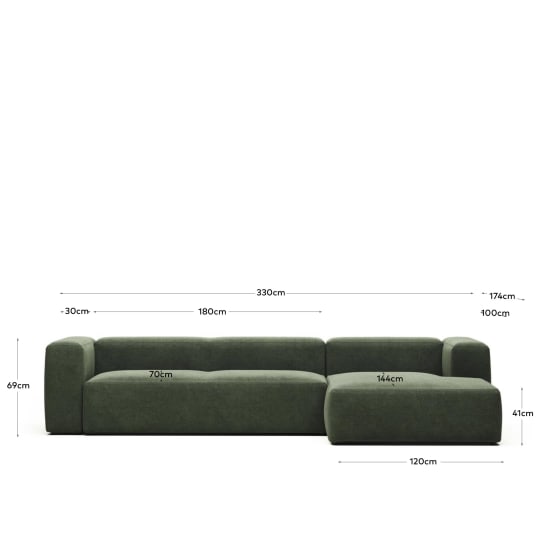Blok fire-retardant 4-seater sofa with right chaise longue in green chenille 330cm - sizes