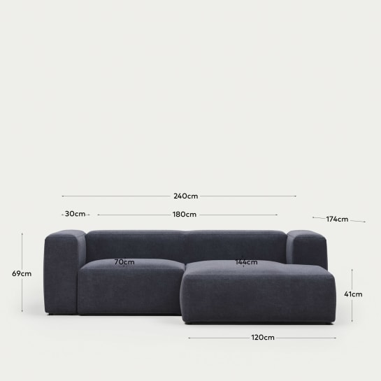 Blok fire-retardant 2-seater sofa with right chaise longue in blue chenille 240cm - sizes