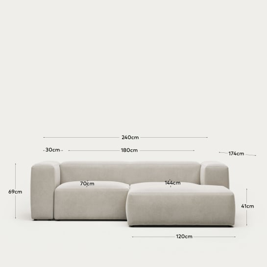 Blok fire-retardant 2-seater sofa with right chaise longue in white chenille 240cm - sizes