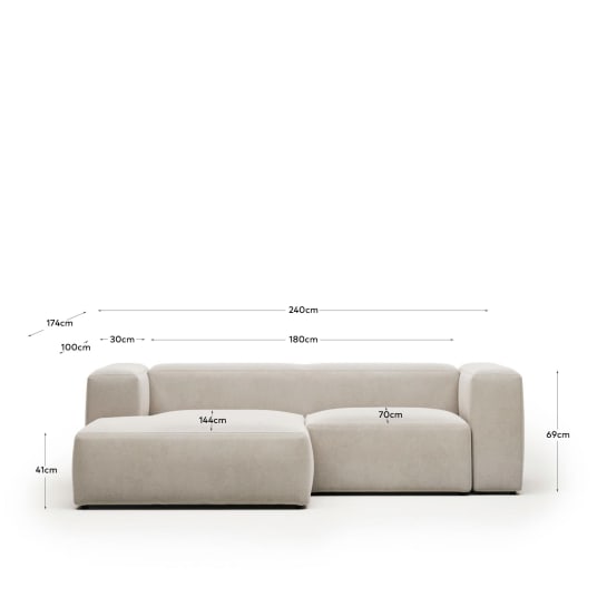 Blok 2 seater sofa with left side chaise longue in white, 240 cm FSC Mix Credit FR - sizes