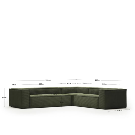 Blok fire-retardant 5-seater corner sofa in thick green corduroy 320 x 290cm/290 x 320cm FSC Mix Credit - sizes