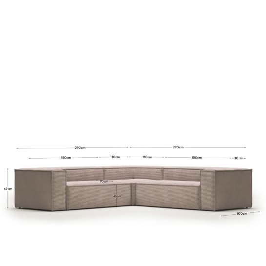 Blok 4 seater corner sofa in pink corduroy, 290 x 290 cm - sizes