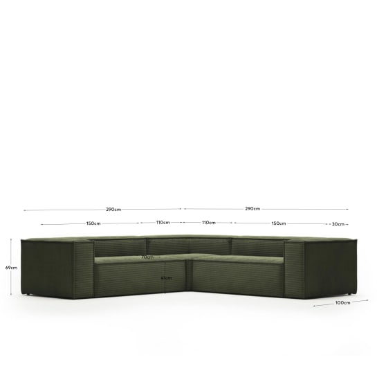 Γωνιακός καναπές Blok 4 θέσεων, βραδύκαυστο χοντρό πράσινο κοτλέ, 290 x 290 εκ. FSC Mix Credit - μεγέθη