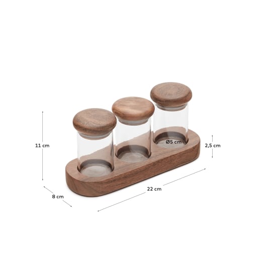 Σετ 3 γυάλινα βάζα μπαχαρικών Emelin, ξύλο ακακίας - μεγέθη