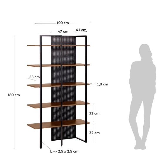 Nadyria walnut veneer and steel shelves in black finish 100 x 180 cm - sizes