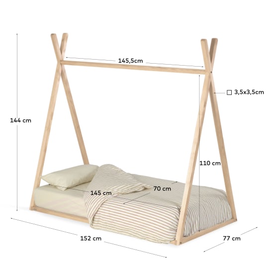 Maralis teepee bed made of solid beech wood with a natural finish, for 70 x 140 cm mattresses - sizes
