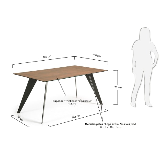 Stół Koda porcelana z wykończeniem Iron Corten i stalowe czarne nogi 180 x 100 cm - rozmiary