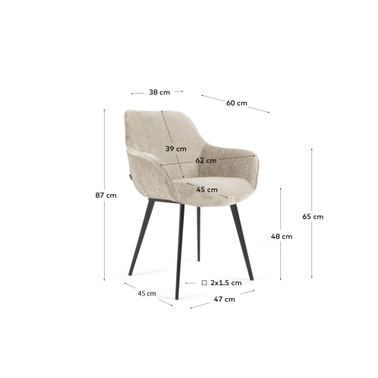 Amira chair in beige chenille with steel legs with black finish FSC 100% - sizes