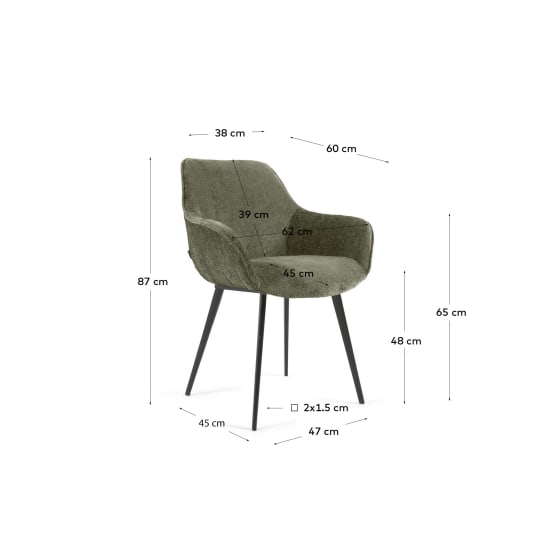 Amira chair in dark green chenille with steel legs with black finish FSC 100% - sizes