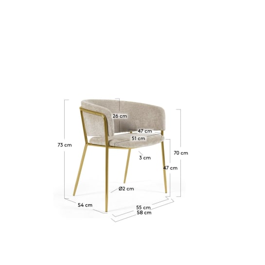 Sedia Runnie in ciniglia beige con gambe in acciaio verniciate oro - dimensioni