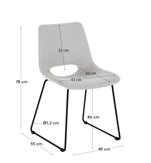 Sedia Zahara grigio chiaro e gambe in acciaio finitura nera - dimensioni