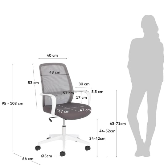 Melva office chair in grey and legs made of steel in white - sizes