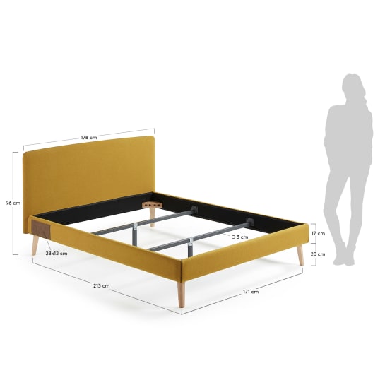 Dyla bed with removable cover in mustard, with solid beech wood legs for a 160 x 200 cm mattress - sizes