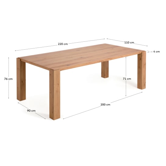 Table Deyanira en contreplaqué de chêne et pieds en bois de chêne 220 x 110 cm - dimensions