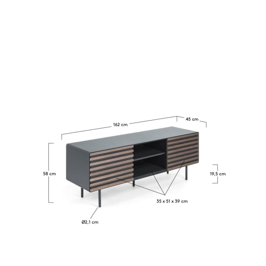 Kesia 2 door TV stand with walnut wood veneer with black lacquer & black steel, 162 x 58 cm - sizes