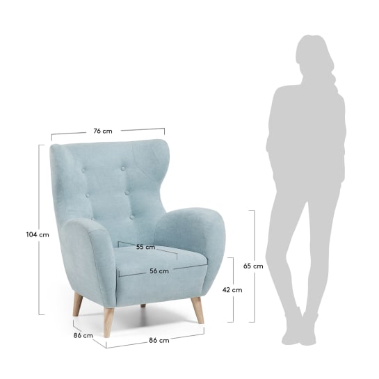Patio armchair in blue with solid, natural rubberwood legs - sizes