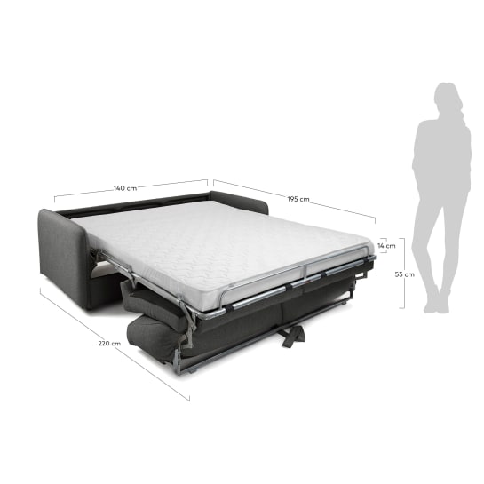Kymoon 2 seater sofa bed in black chrono polyutherane, 140 cm - sizes