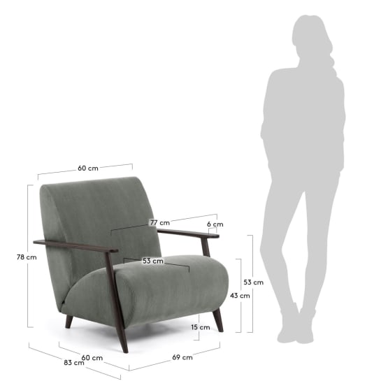 Meghan armchair in dark grey corduroy with solid ash legs with wenge finish - sizes