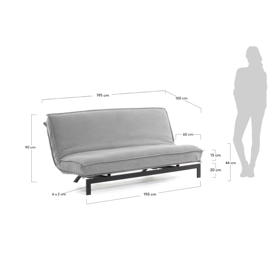 Eveline three-seater sofa bed in grey, metal frame, 195 cm - sizes