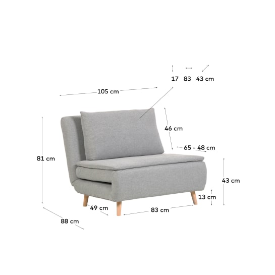 Khina 2 seater sofa bed in light grey, 105 cm - sizes