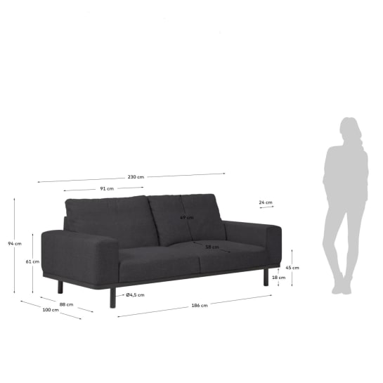 3θ καναπές Noa, γκρι, σκουρόχρωμα πόδια, 230 εκ - μεγέθη