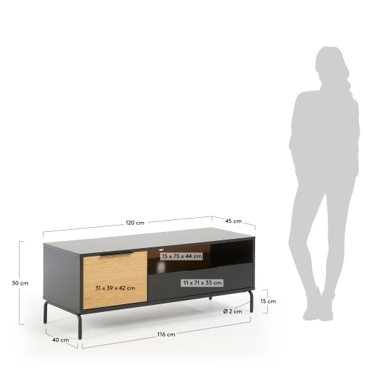 Savoi MDF TV stand with black lacquer & steel, 120 x 50 cm - sizes