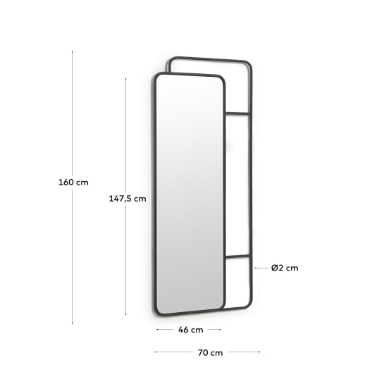 Όρθιος καθρέπτης Rivka με μαύρες μεταλλικές κρεμάστρες, 70 x 160 εκ - μεγέθη