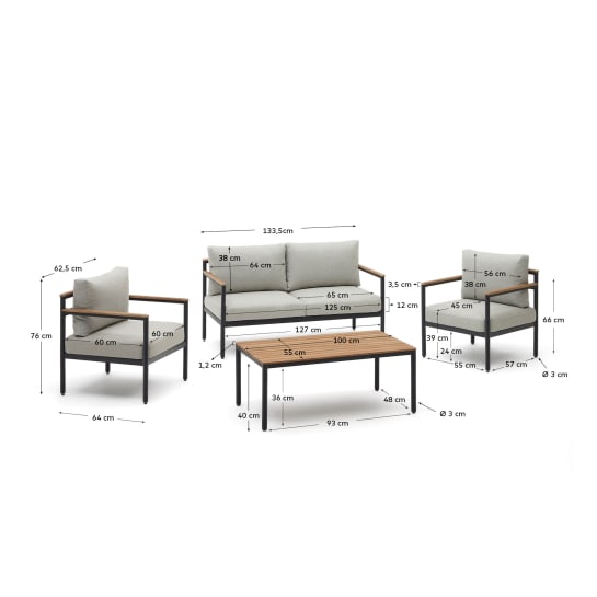 Conjunto Aiguafreda sofá 2 lugares, 2 cadeirões e mesa alumínio cinza e madeira acácia para jardim 1 Set Aiguafreda sofá 2 lugares, 2 cadeirões e mesa alumínio cinza e madeira acácia FSC 100% - tamanhos