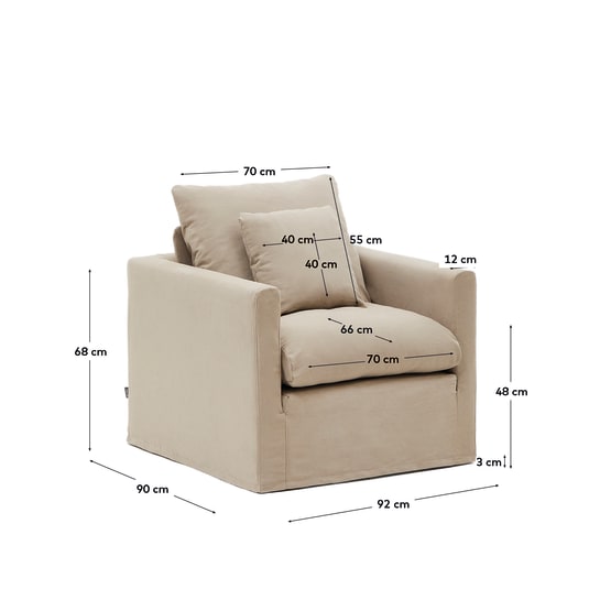 Nora armchair with removable cover with linen and cotton cushion in taupe 92cm - sizes