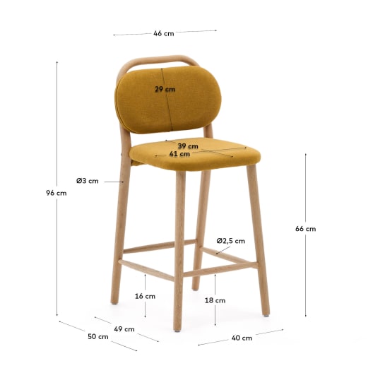 Helda stool in mustard chenille and solid oak wood FSC Mix Credit 65 cm - sizes