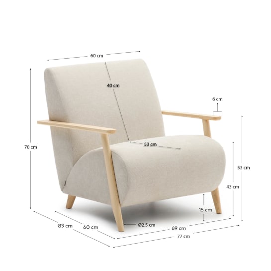 Meghan armchair in pearl chenille and with solid beech wood in a natural finish FSC Mix Credit - sizes