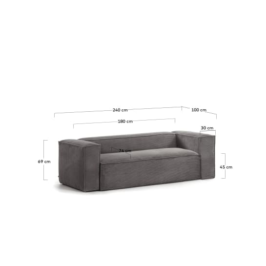 Blok 3 seater sofa in grey wide seam corduroy, 240 cm - sizes