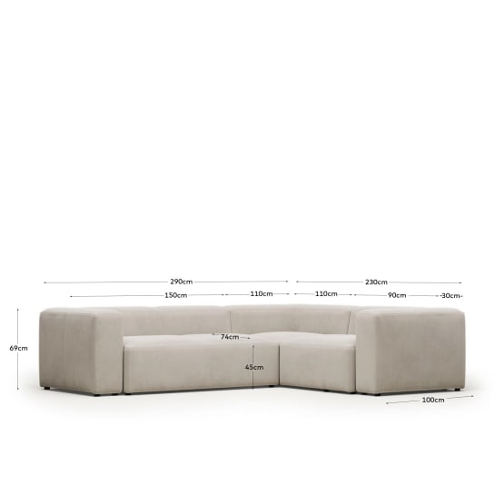 Γωνιακός καναπές 3 θέσεων Blok σε μπεζ chenille beige 290 x 230 εκ / 230 εκ 290 εκ FSC Mix Credit - μεγέθη