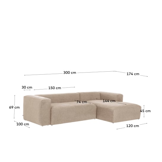 Canapé Blok 3 places en chenille avec méridienne droite beige 300 cm – Certifié FSC Mix Credit - dimensions