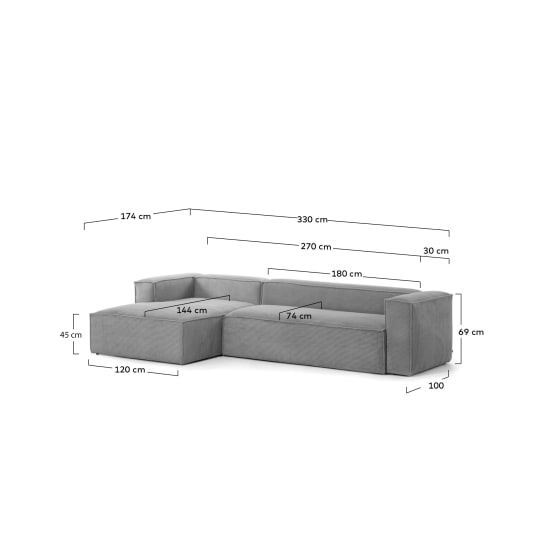 Blok 4-seater left chaise longue sofa in grey thick corduroy 330cm FSC Mix Credit - sizes