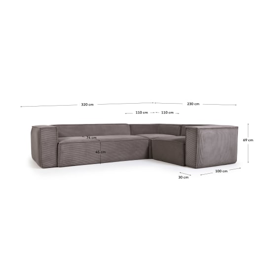 Blok grey thick corduroy 4-seater corner sofa 320 x 230cm/230 x 320cm FSC Mix Credit - sizes