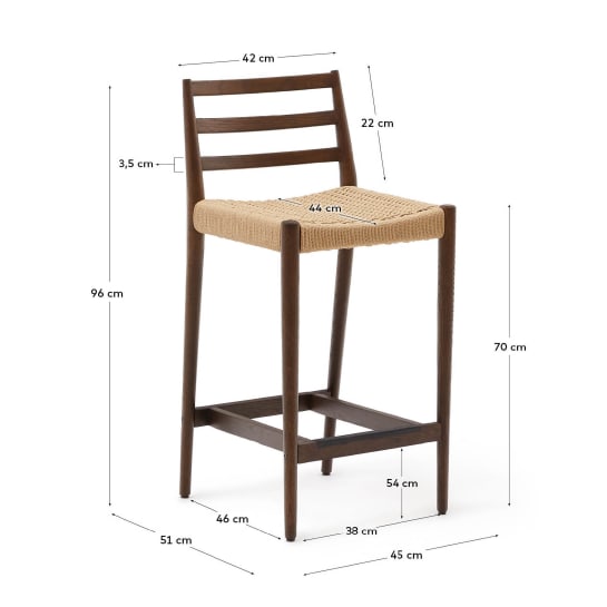 Sgabello Analy con schienale in legno massello di rovere con finitura in noce e seduta in corda da 70 cm FSC 100% - dimensioni