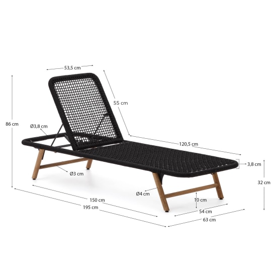 Chaise longue Dandara structure en acier corde noire et pieds en bois acacia FSC 100 % - dimensions