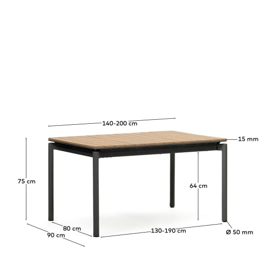 Mesa extensível de exterior Canyelles de poli madeira e alumínio preto mate 140 (200) x 90 cm - tamanhos